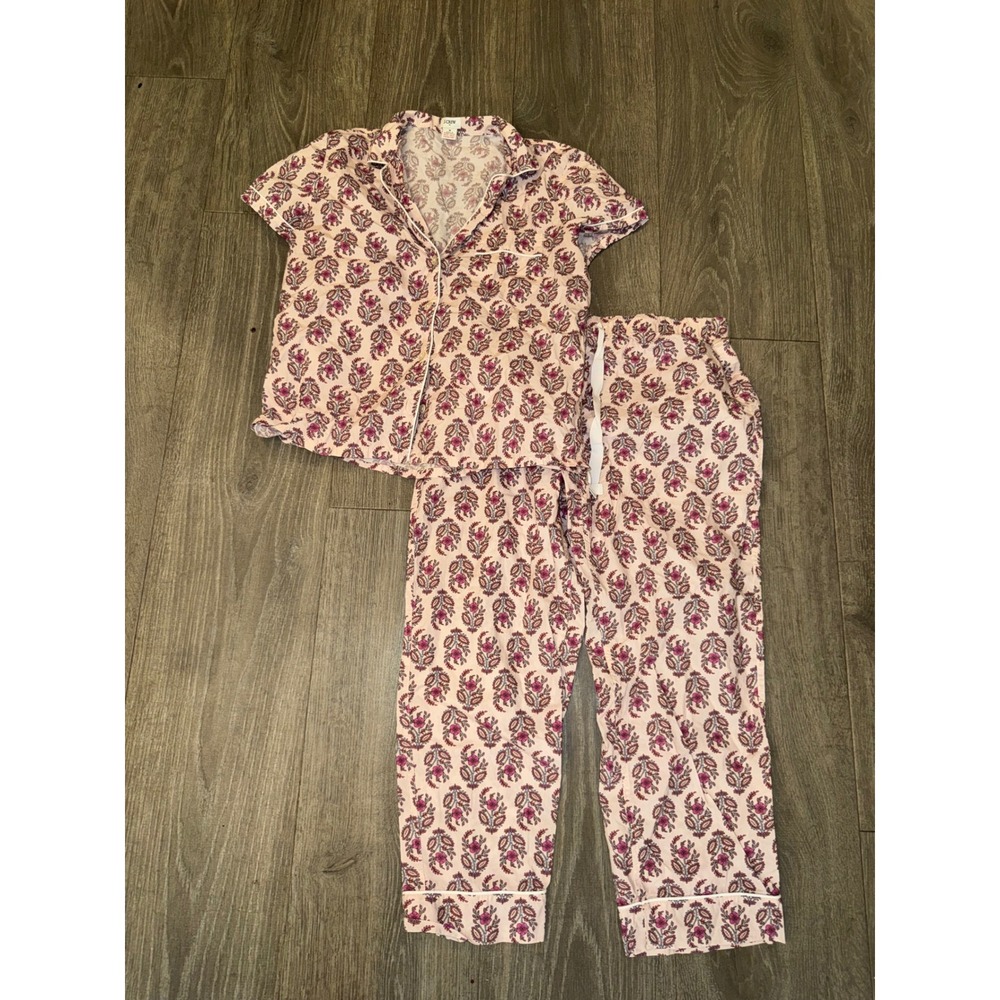 J.Crew Womens Pajama Set Medium Pink Floral Block Print Cotton Short Sleeve Crop